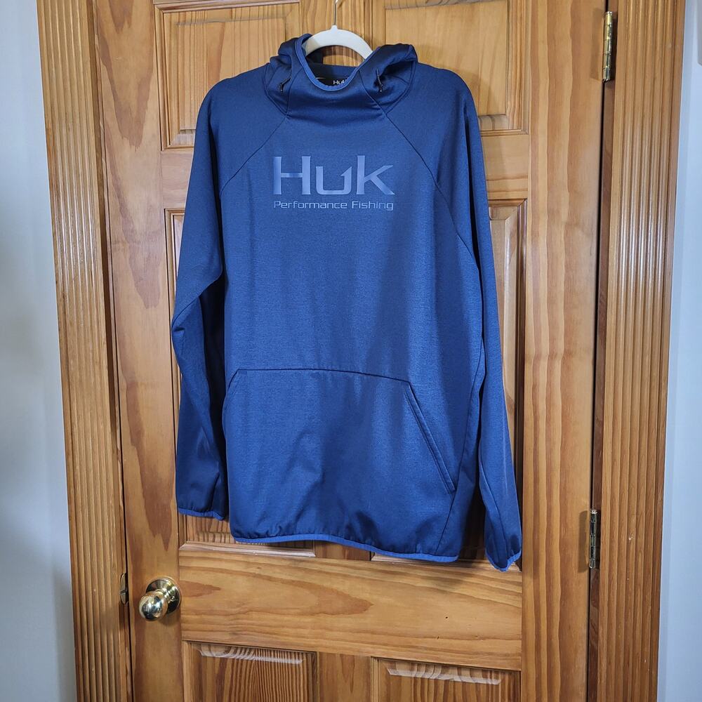Huk Pursuit Performance Fishing Hoodie in navy heather color size XL